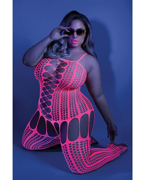 Fantasy Lingerie Bodystocking One Size Fits Most (Queen) / Pink Glow 'Hypnotic' Black Light Criss Cross Paneled Bodystocking by Fantasy Lingerie at the Haus of Shag