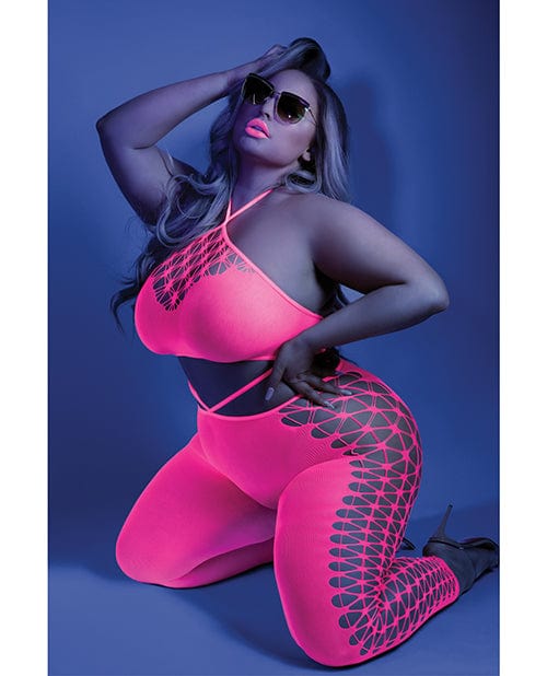 Fantasy Lingerie Bodystocking One Size Fits Most (Queen) / Pink Glow 'Own the Night' Black Light Cropped Cutout Halter Bodystocking by Fantasy Lingerie at the Haus of Shag