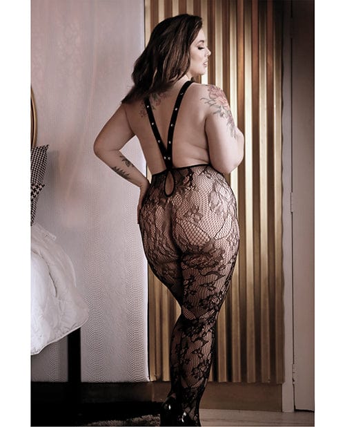 Fantasy Lingerie Bodystocking Sheer Fantasy Floral Lace Suspender Stockings with Stud Detail at the Haus of Shag