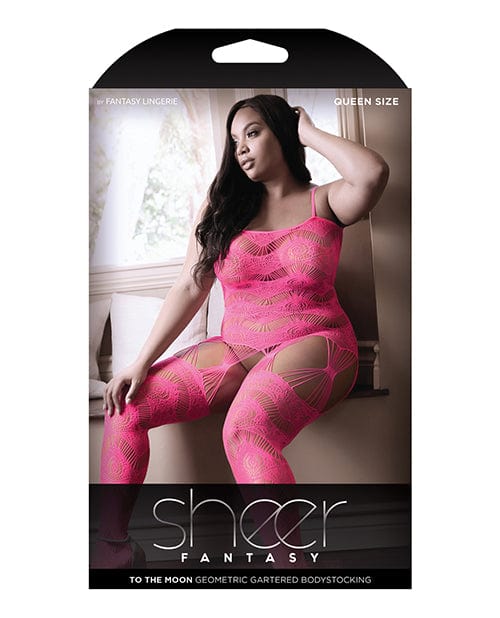 Fantasy Lingerie Bodystocking Sheer Fantasy To The Moon Multi Garter Bodystocking Neon Pink at the Haus of Shag