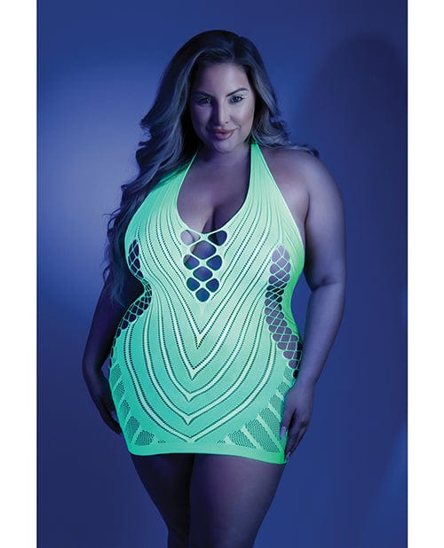 Fantasy Lingerie Dress One Size Fits Most (Queen) / Green Glow 'Shock Value' Black Light Net Halter Dress by Fantasy Lingerie at the Haus of Shag