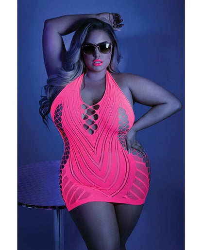 Fantasy Lingerie Dress One Size Fits Most (Queen) / Pink Glow 'Shock Value' Black Light Net Halter Dress by Fantasy Lingerie at the Haus of Shag