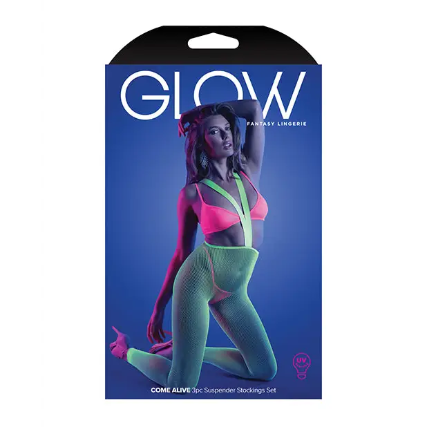 Packaging for Fantasy Lingerie Glow suspender stockings set in neon green Queen Size