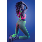 Woman in Fantasy Lingerie Glow, Neon Green Suspender Stockings Set against blue backdrop