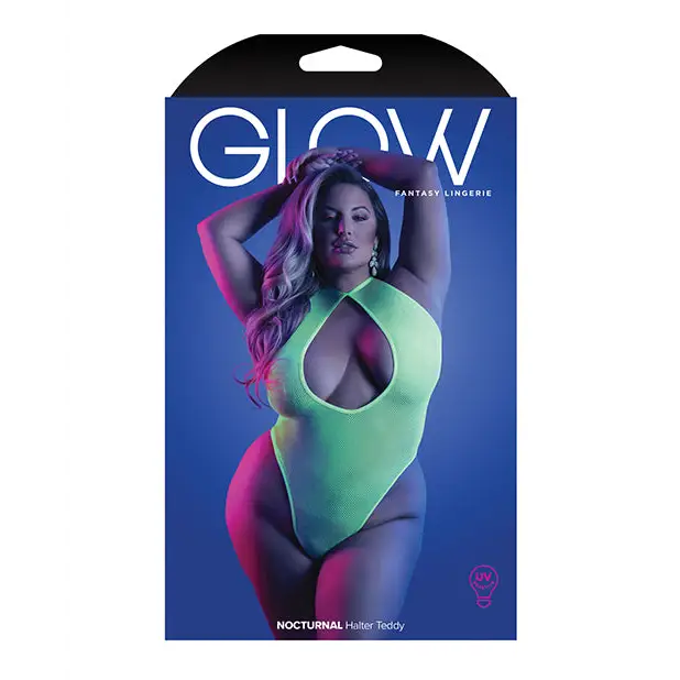 Fantasy Lingerie Glow Nocturnal Keyhole Halter Teddy Packaging in Neon Green by Glow