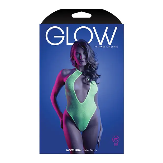 Fantasy lingerie glow nocturnal keyhole teddy bodysuit in neon green packaging