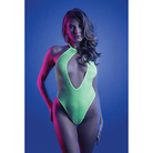 Woman in neon green Fantasy Lingerie Glow Nocturnal Keyhole swimsuit with dramatic lighting