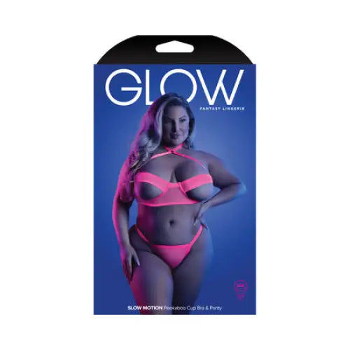 Fantasy Lingerie Glow Slow Motion Peek-A-Boo Bra & Panty in Neon Pink Queen Size