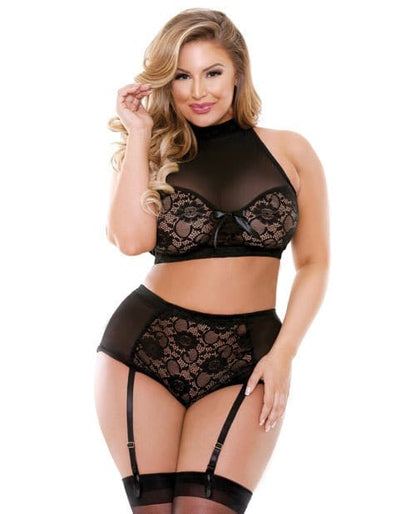 Fantasy Lingerie Lingerie Set 3XL / 4XL / Black Curve 'Katia' Two Piece Halter Bra Top with Matching Gartered Panty by Fantasy Lingerie at the Haus of Shag