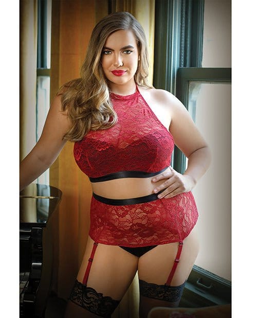 Fantasy Lingerie Lingerie Set 3XL / 4XL / Red Curve 'Aria' Lace Halter Top & High Waist Panty Set by Fantasy Lingerie at the Haus of Shag