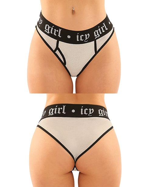 Fantasy Lingerie Panties Large/Extra Large Vibes Buddy Pack Icy Girl Metallic Boy Brief & Lace Thong Black at the Haus of Shag