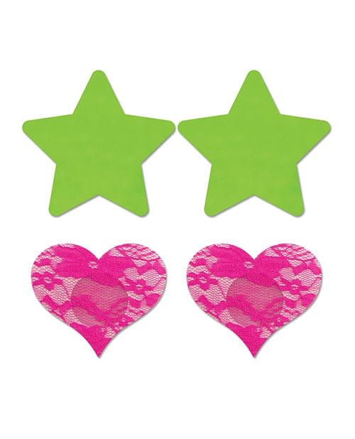 Fantasy Lingerie Pasties One Size Fits Most / Multi-Color Fantasy Lingerie UV Reactive Pink Lace Heart & Green Neon Star Pasties at the Haus of Shag
