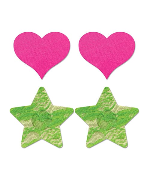 Fantasy Lingerie Pasties One Size Fits Most / Multi-Color Fantasy Lingerie UV Reactive Pink Neon Heart & Green Lace Star Pasties at the Haus of Shag