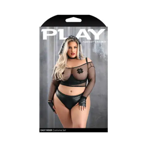 Fantasy Lingerie Play Easy Rider Open Cup Bra Long Sleeve Fishnet Top Panty Choker Gloves Bandana & 1 pair of Pasties