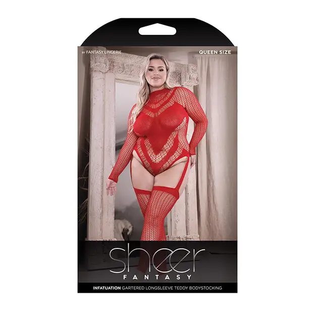 Fantasy Lingerie Sheer Infatuation Open Back Longsleeve Teddy Bodystocking Red Queen Size - Teddy