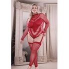 Fantasy Lingerie Sheer Infatuation Open Back Longsleeve Teddy Bodystocking Red Queen Size - Teddy