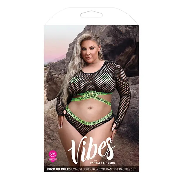 Woman in black and green bikini with belt from Fantasy Lingerie Vibes Fuck Ur Rules collection