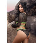 Woman wearing black bikini top, green fishnets, Fantasy Lingerie Vibes Fuck Ur Rules set