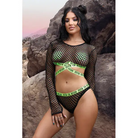 Woman modeling Fantasy Lingerie Vibes Fuck Ur Rules outfit with cross pasties and fishnet top