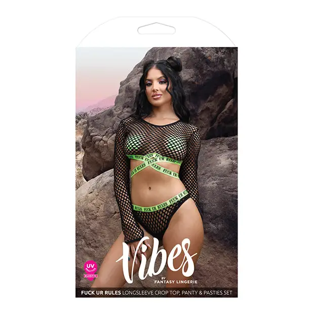 Woman in Fantasy Lingerie Vibes bikini with cross pasties and green waistband