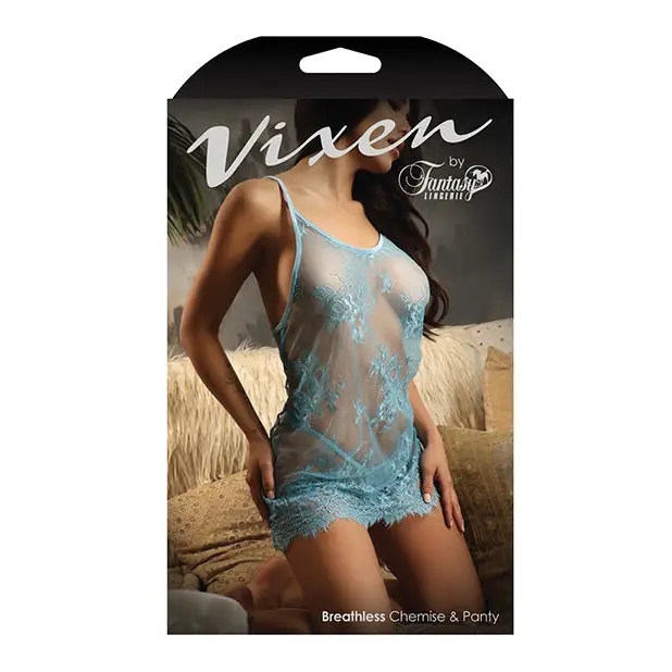 Fantasy Lingerie Vixen Breathless Lace Chemise & G-String Light Blue L/XL - Lingerie Set