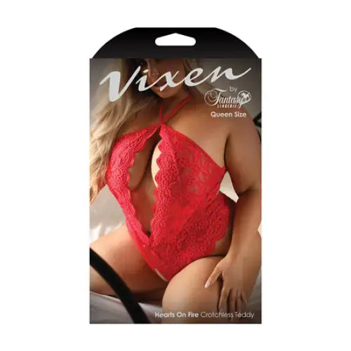 Fantasy Lingerie Vixen Hearts On Fire crotchless lace teddy with open pearl draped back