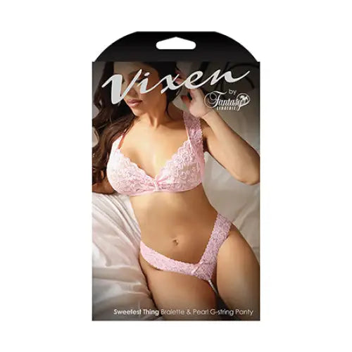 Fantasy Lingerie Vixen Sweetest Thing Lace Bralette & Pearl G-string Panty Pink L/XL - Lingerie Set