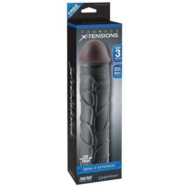 Fantasy X-tensions Mega Extension: Anatomically-shaped silicone penis enhancer in retail packaging