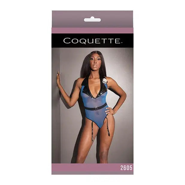 Coquette Teddy Fashion Mesh Cop Teddy W/attached Garters Blue O/s at the Haus of Shag