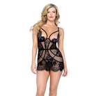 Femme Fatale Scalloped Eyelash Lace & Mesh Chemise & Thong Black - Chemise