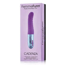 Close-up of Femme Funn Cadenza Thrusting Vibrator in a purple box with purple cover