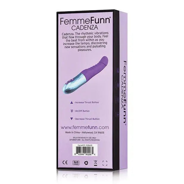 Close-up of Femme Funn CADENZA Thrusting Vibrator box with purple device and black handle