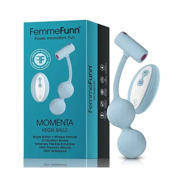 Close-up of Femme Funn MOMENTA Egg Vibrator box with remote control device