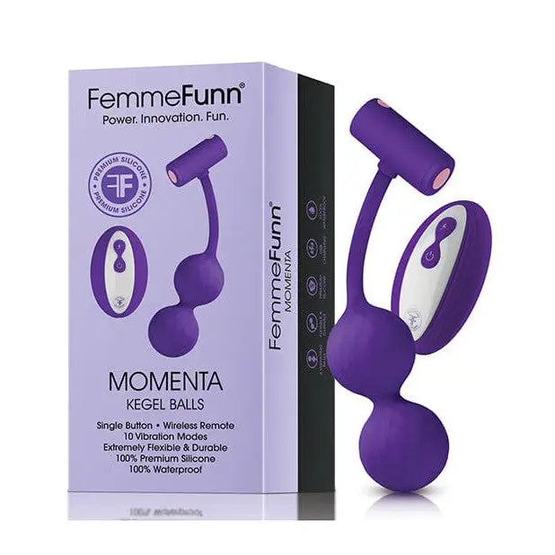 Close up of a Femme Funn MOMENTA Egg Vibrator in purple with its box