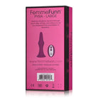 Close-up of a Femme Funn PYRA box with ribbed vibrating butt plug and other feminine products