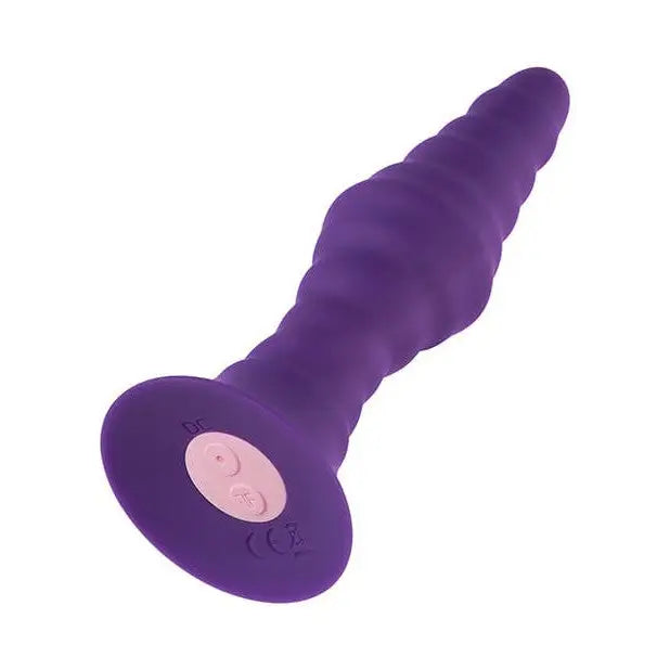 The Femme Funn PYRA purple silicon silicone ribbed vibrating butt plug on display