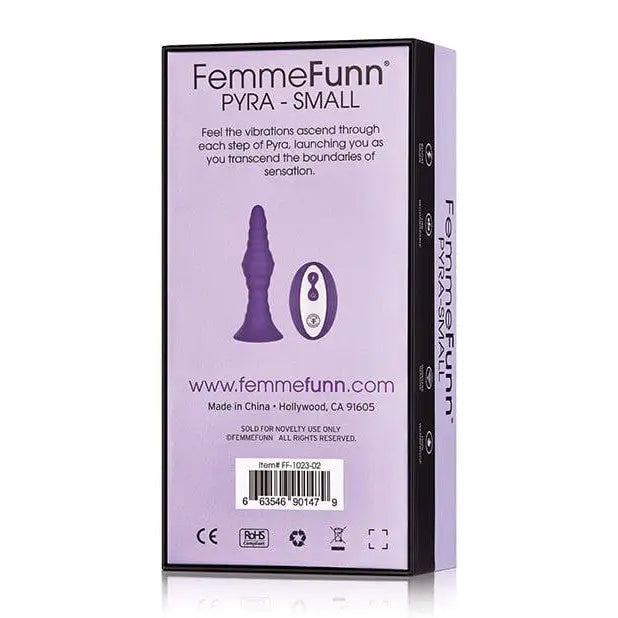 Femme Funn PYRA Ribbed Vibrating Butt Plug box, shown firm in form and function