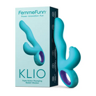 Close-up of FemmeFunn Klio Triple Action Thumping Rabbit Vibrator in turquoise box