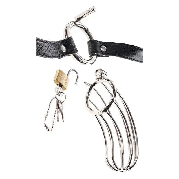 Fetish Fantasy Extreme The Prisoner Metal Cock Cage with leather strap, lock, and keys