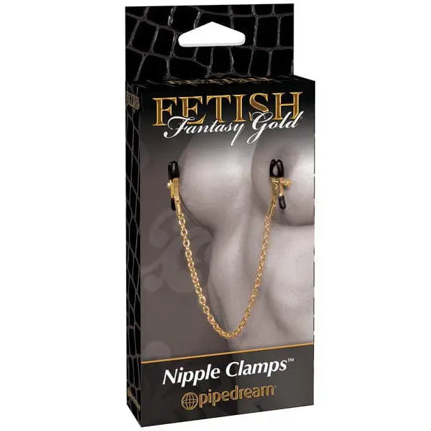 Fetish Fantasy Gold Chain Nipple Clamps in packaging labeled ’Fetish Fantasy Gold.’