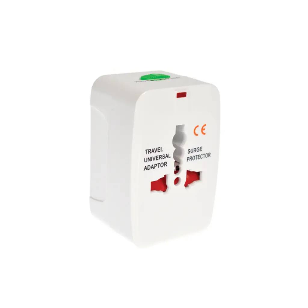 A white travel adapter with green button used for Fetish Fantasy International Extreme Sex Machine