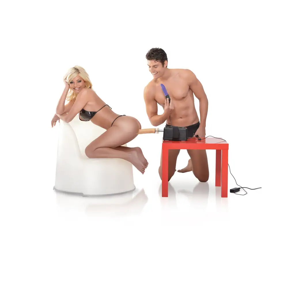 A man and woman sitting on a stool, showcasing the Fetish Fantasy Portable Sex Machine