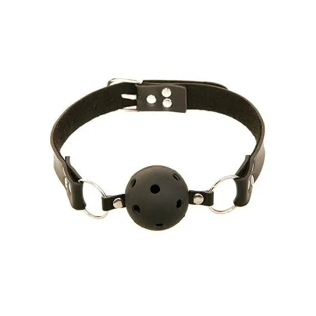 A sleek black leather bracelet featuring a breathable ball gag from Fetish Fantasy Series