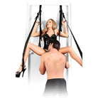 Woman in black bra top using Fetish Fantasy Series Deluxe Door Swing, tied to a wall