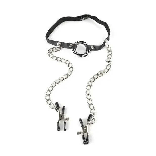 Fetish Fantasy Series leather collar with ring gag, metal chain, and nipple clamps