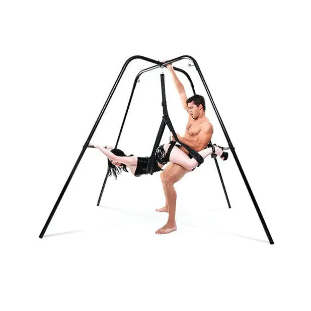 Man in hammock with leg brace on Fetish Fantasy Series Swing Stand