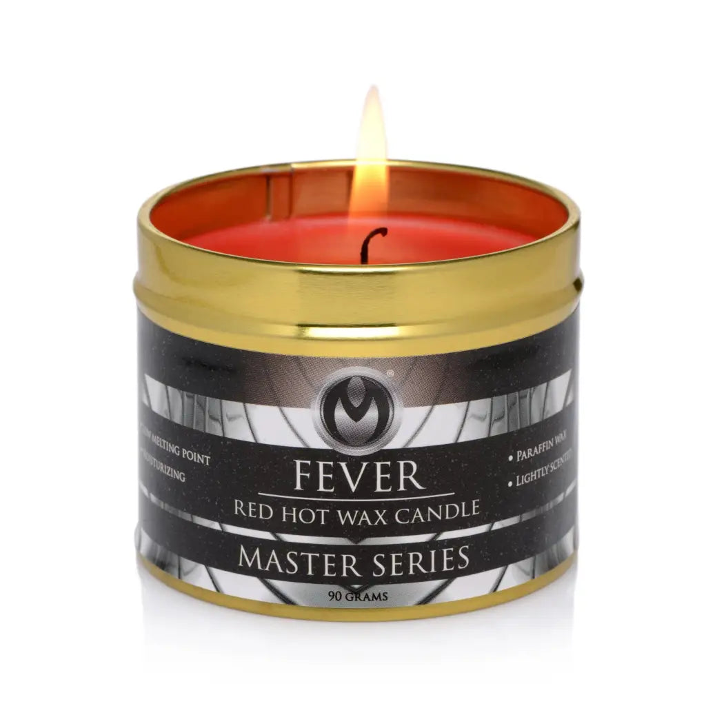 Fever Hot Wax Candle - Red in a gold and black container labeled ’Fever’ by Master Series