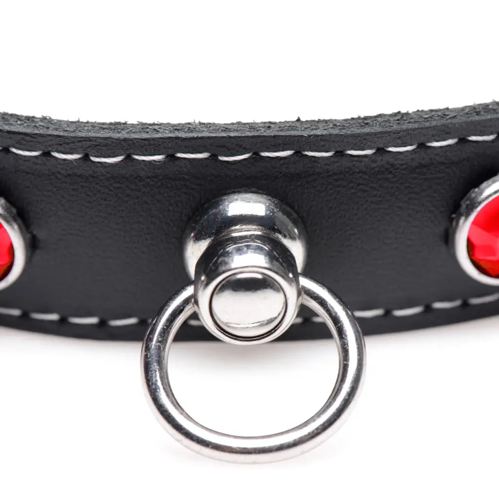 Fierce Vixen leather choker with rhinestones, black with metal ring and red studs