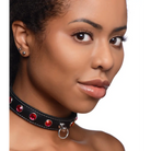 Fierce vixen leather choker with red gemstones and a metal ring - Elegant and Bold