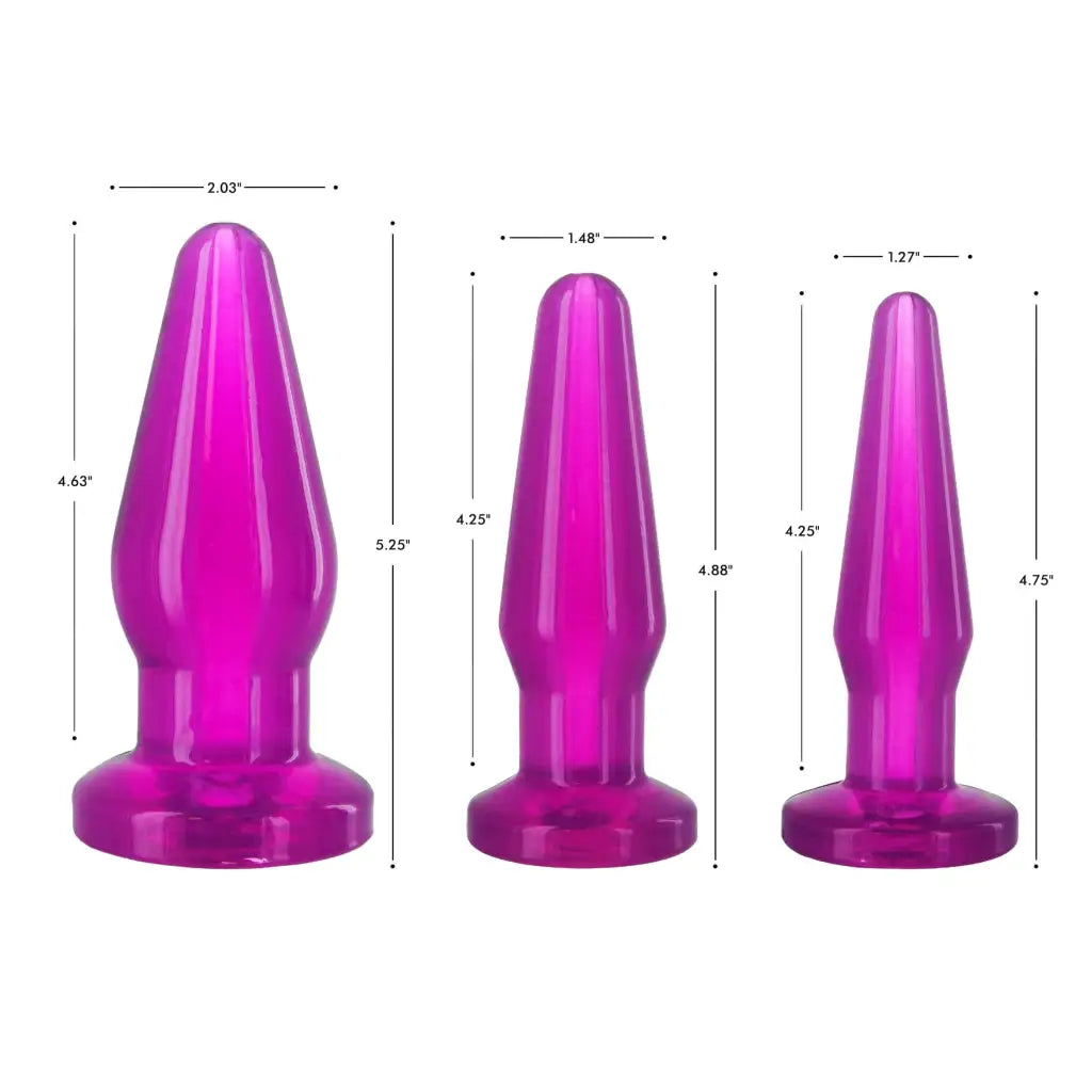 Three purple butt plugs with varying max insertable diameters on a white background